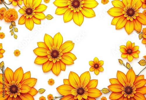 Intricate yellow floral patterns bloom across a crisp white background, creating a vibrant abstract design,  illustration, abstract