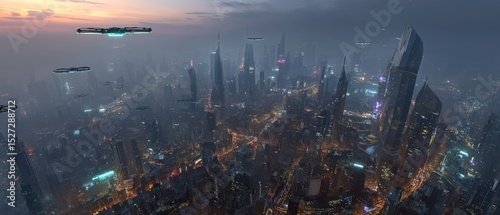 Futuristic Cityscape with Flying Drones at Sunset