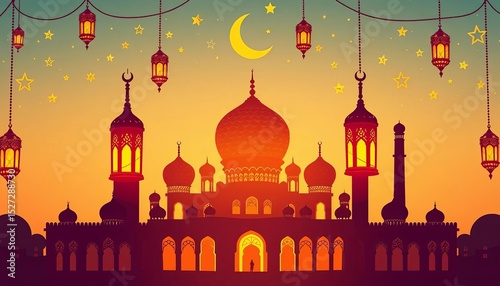Intricate mosque silhouettes, hanging lanterns, and stars form an elegant Ramadan Kareem design,  faith,  culture