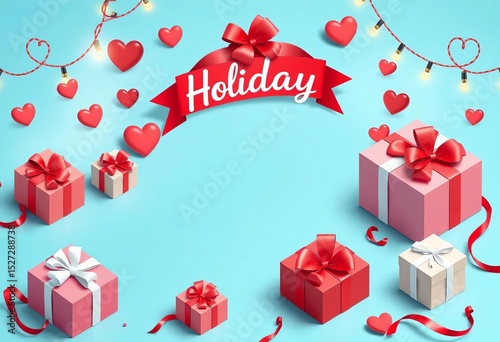 Isometric holiday sale banner with gift boxes, hearts, ribbons, and greeting cards,  cardboard,   gift