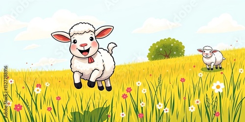 Happy sheep joyfully leaping in a sunny meadow, Scandinavian doodle style,  flower,  white