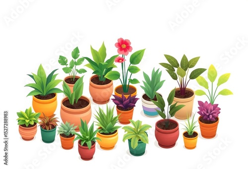 Isometric flat vector illustration of colorful potted houseplants isolated on white background,  vibrant,  terracotta