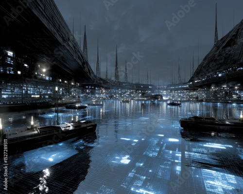 Futuristic Cityscape with Waterway