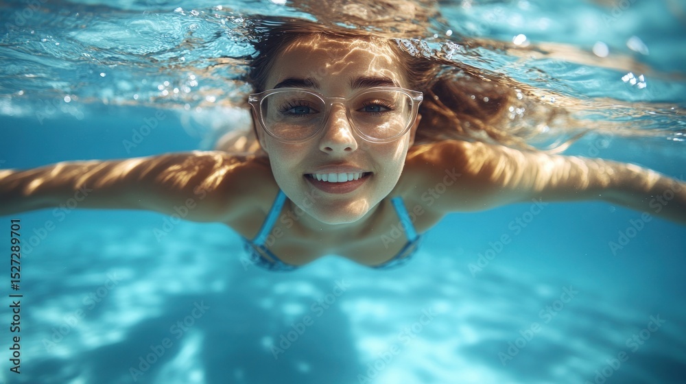 Fototapeta premium Smiling woman swims underwater