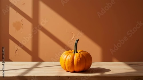 Single small pumpkin on wooden table in warm morning sunlight  