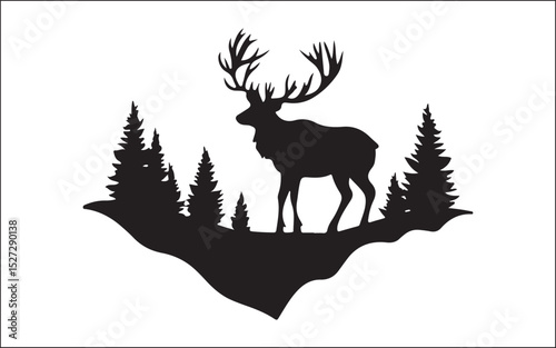 Deer Silhouette with Mountain and Forest Vector Wildlife Scene