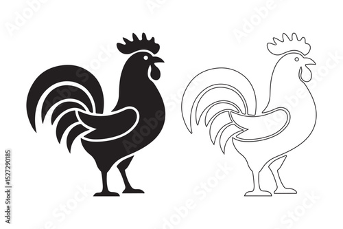 chicken icon silhouette vector line art illustration, rooster hen vector icon outline on white background 