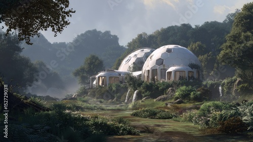 Futuristic Domes in Lush Forest Landscape