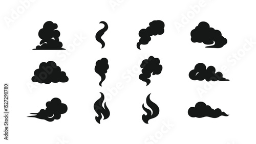 Black Smoke and Cloud Silhouettes Icon Set in Flat Style