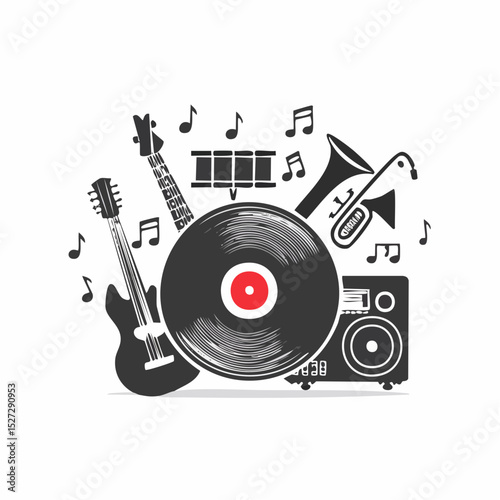 Vintage Music Instruments and Vinyl Record A Classic Sound Design
