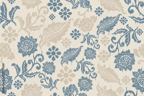 Ikat floral paisley embroidery seamless pattern on background. Ikat ethnic flower oriental pattern traditional. Aztec style abstract vector illustration. design for ikat floral fashion fabric,clothing