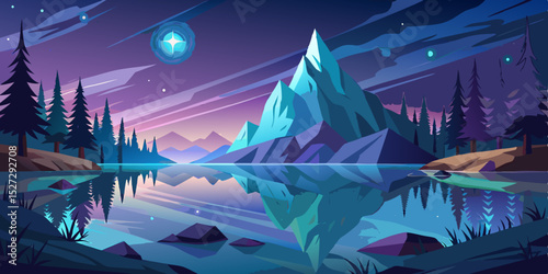  lake reflecting glowing forest and stars vector illustration