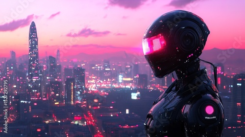 A glowing robotic security guard standing watch over a futuristic city 