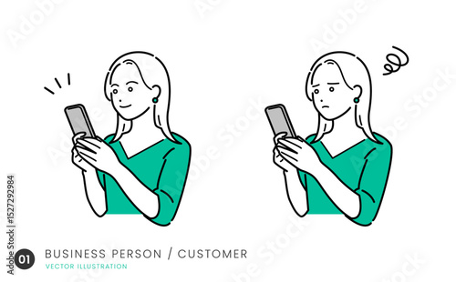 スマホで情報を調べる若い女性のイラスト素材セット1