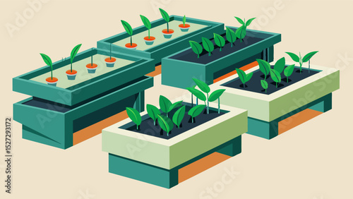 A series of movable plant beds that can be adjusted to accommodate different plant sizes and space requirements maximizing efficiency and productivity.. Vector illustration