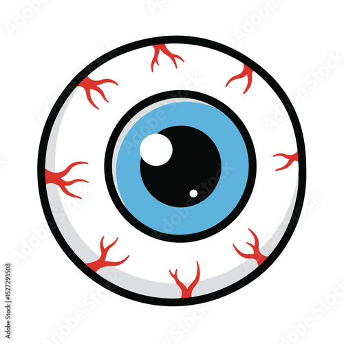 Cartoon eyeball vector with blue iris and red blood vessels isolated on white background