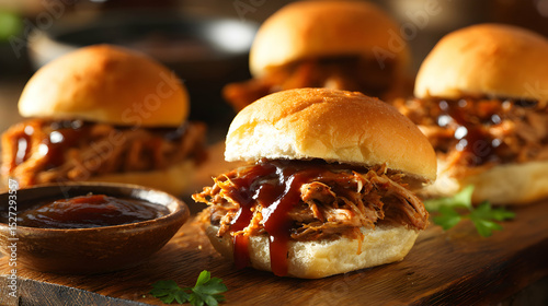 Close Up Of Pulled Pork Sliders With Barbecue Sauce on Wooden Board and Dark Background