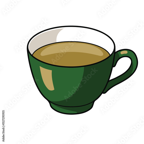 A vector illustration of a green teacup filled with coffee or tea for beverages and relaxation