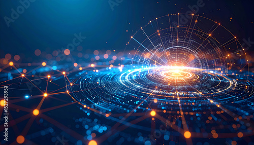 A vibrant digital representation of interconnected nodes and light, symbolizing technology and data flow in a cosmic environment