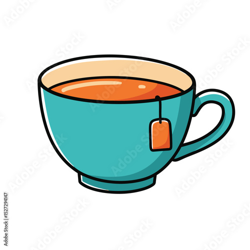 Simple illustration of a teal colored teacup filled with tea and a teabag on a white background