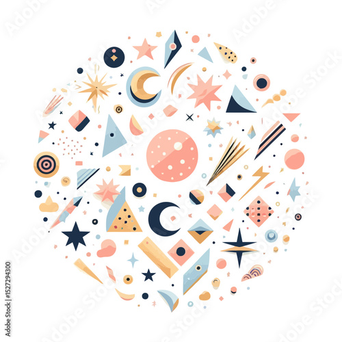 A circular arrangement of celestial elements like moons, stars, and planets, suitable for blogs on astrology, astronomy, fantasy, or cosmic themes.