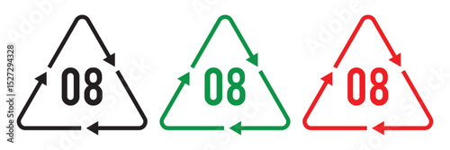 Recycling code icon set. Plastics, Batteries, Paper, Metals, Organic Biomatters, Glass and composites vector symbols. Set of recycling codes for plastics, plastic, recycle, symbol in eps 10.
