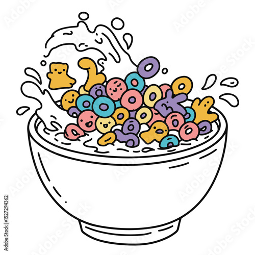 Whimsical breakfast cereal bowl illustration with colorful loops and milk splash in playful style