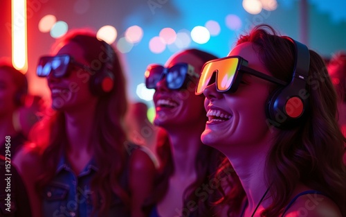 Happy friends listening music at silent disco outdoor party. High quality