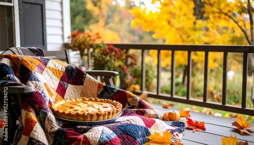 Apple Pie on Autumn Porch with Quilt and Pumpkins