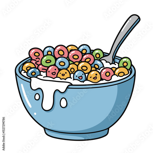 Adorable cartoon bowl of cereal with cheerful smiling faces and a spoon