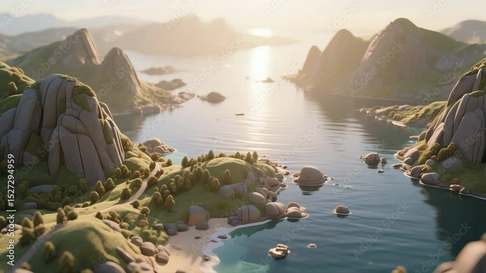 Stylized cinematic animation of a coastal landscape with soft green hills, rocky cliffs, calm ocean waves reflecting golden sunset, and smooth camera glide along shoreline in warm light