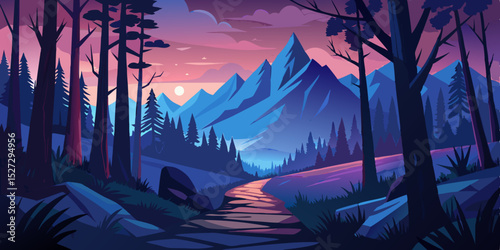 twilight forest trail leading into misty peaks vector illustration