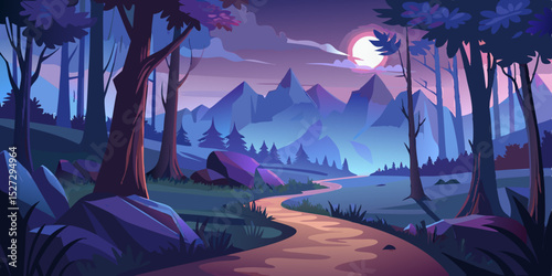 twilight forest trail leading into misty peaks vector illustration
