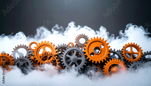 A collection of colorful gears surrounded by swirling smoke creates a dynamic and industrial atmosphere, highlighting machinery and mechanical design