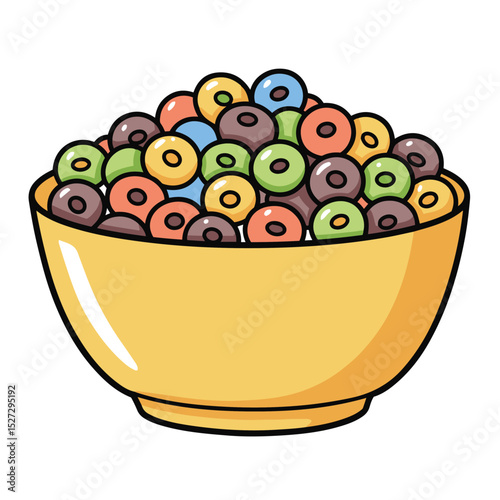 Colorful cereal rings overflowing in a yellow bowl cartoon illustration for breakfast