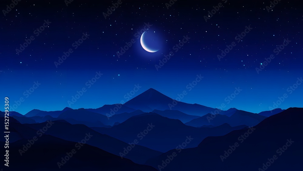 Fototapeta premium Mountain Scenery at Night Under a Crescent Moon