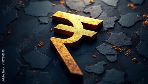 A bold golden rupee currency symbol embossed against a dark textured surface, representing economic strength, Indian finance identity, and monetary policy themes.

