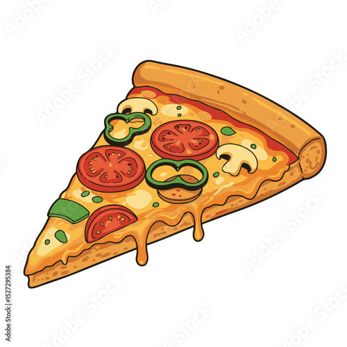 Delicious illustrated slice of pizza with toppings isolated on white background