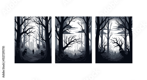 Three panel illustration of a spooky forest with ghostly figures and bare trees in monochrome shades of gray