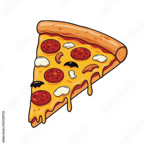 A delicious cartoon pizza slice with pepperoni mushrooms and cheese melting downwards