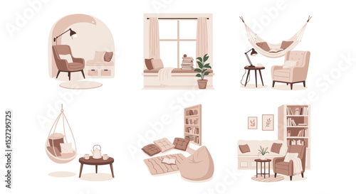 Illustration showcasing cozy reading nooks and spaces with armchairs, books, and natural light sources