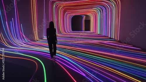 A person walking through a vibrant, illuminated tunnel of colorful neon lights in an art installation