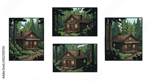 Four framed illustrations depicting cozy log cabins nestled within a dense and verdant forest setting