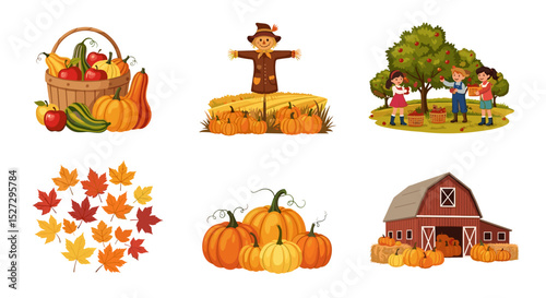 A collection of autumn themed illustrations featuring pumpkins, scarecrows, and harvest scenes