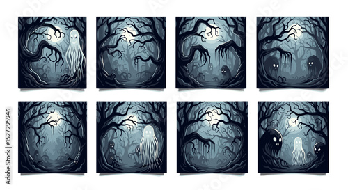 Collection of eight spooky forest scenes with ghosts and ghouls in a dark and eerie pixel art style