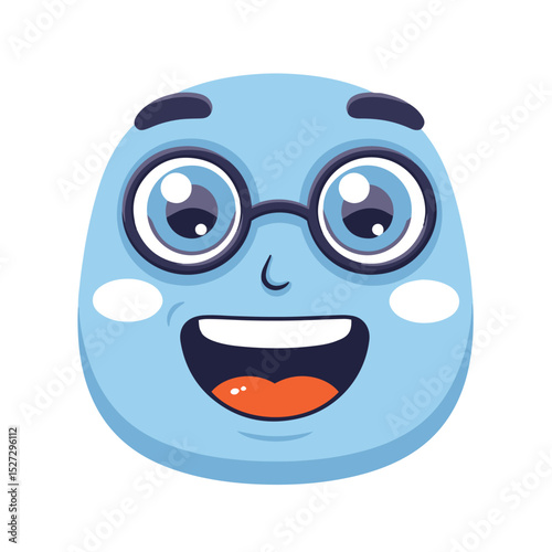 Cheerful cartoon character face with glasses expressing joy and positive emotions for educational designs and fun concepts.