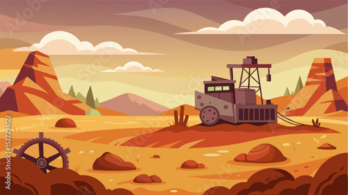 Abandoned machinery sits idle in a field where potatoes once flourished now nothing but a desolate wasteland.. Vector illustration
