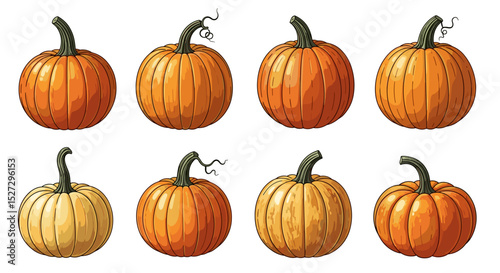 A collection of eight pumpkins in varying shades of orange and yellow with green stems shown together