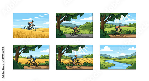 A cyclist rides through various landscapes depicted in six individual framed illustrations outdoors scenes