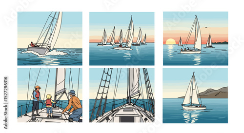 Collection of sailing scenes featuring sailboats, people, and ocean views in various compositions and styles